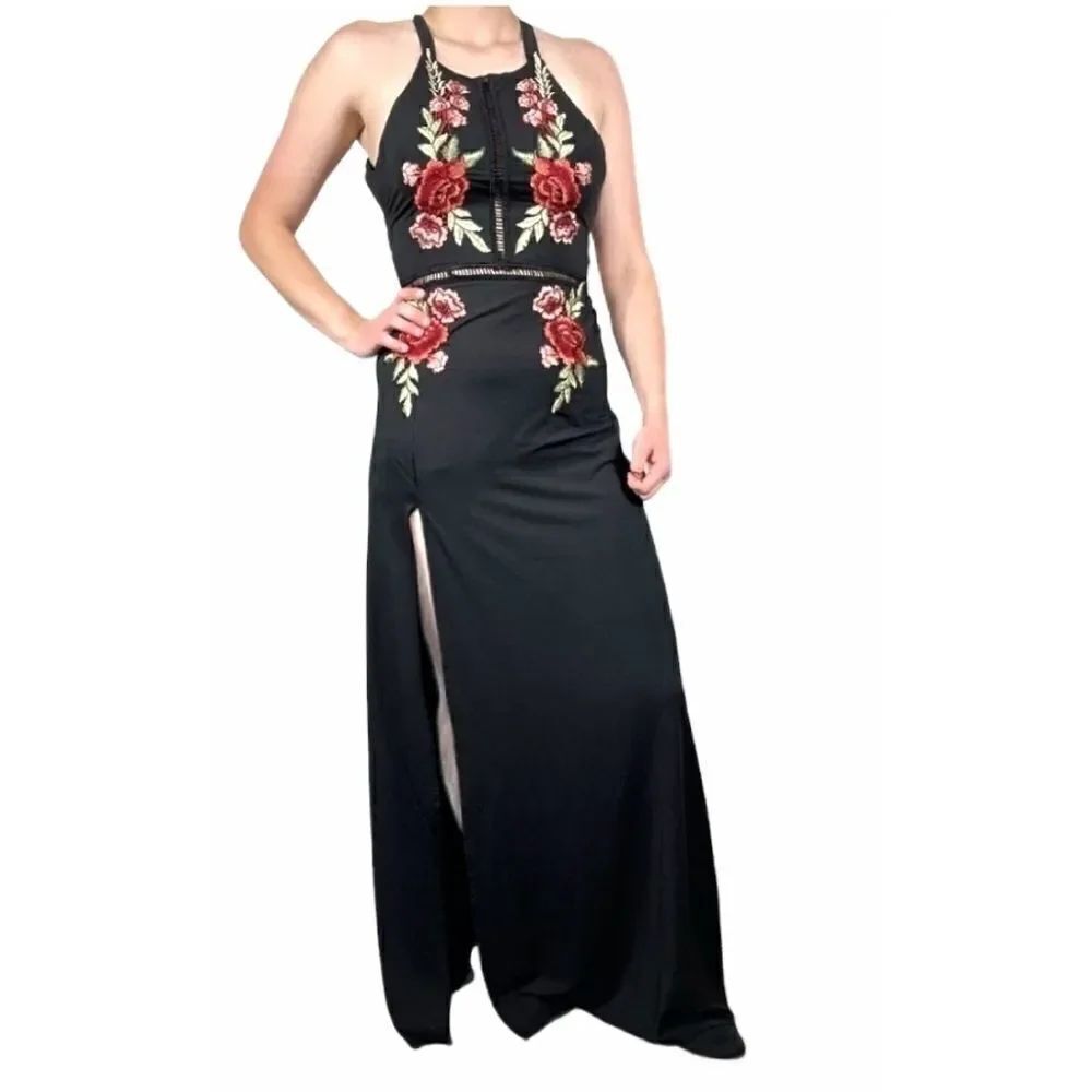 Black Red Roses Slit Maxi Dress